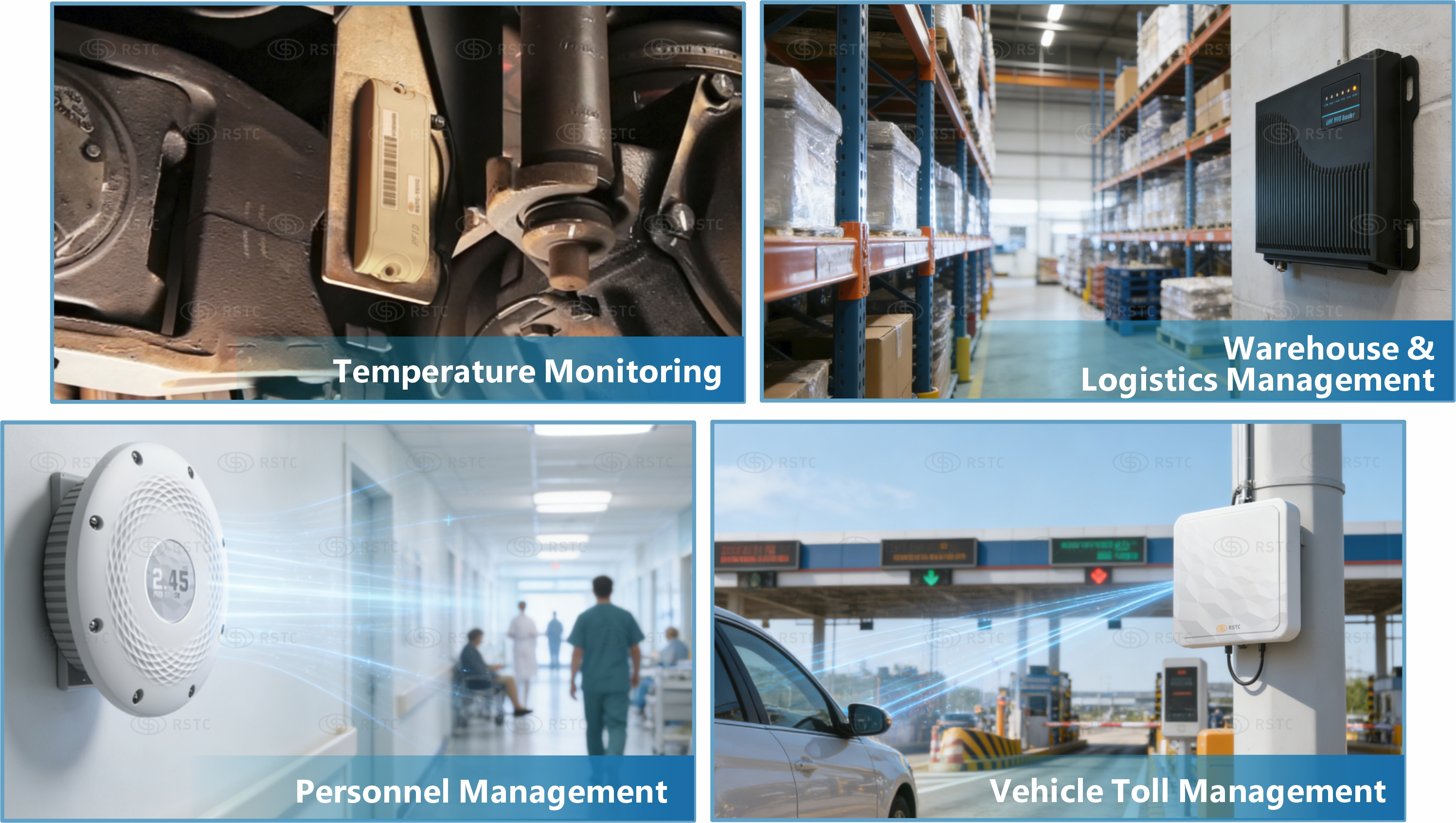 Active RFID system applications in temperature monitoring, warehouse logistics, personnel management, and vehicle toll management