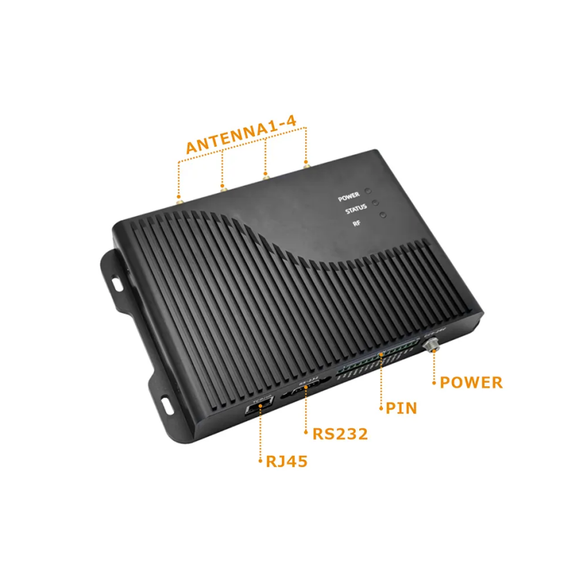 Four-port UHF RFID reader with antenna, RJ45, RS232 and power interfaces