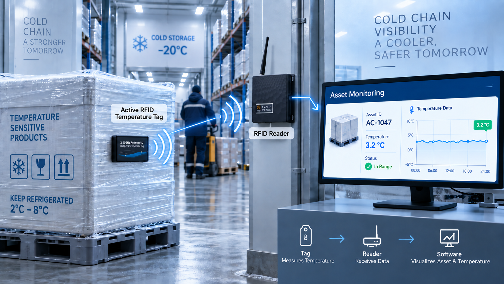Active RFID temperature tag monitoring cold chain assets with RFID reader and software